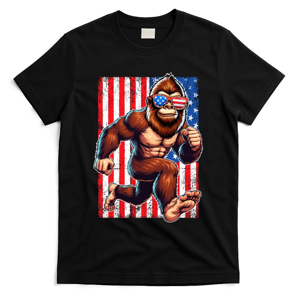 Usa Flag Bigfoot Running 4th Of July T-Shirt