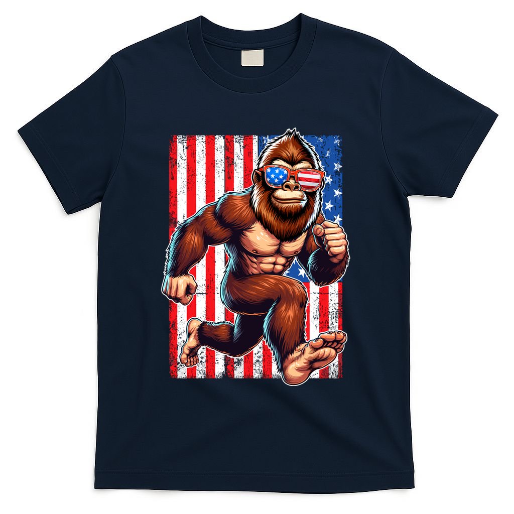 Usa Flag Bigfoot Running 4th Of July T-Shirt