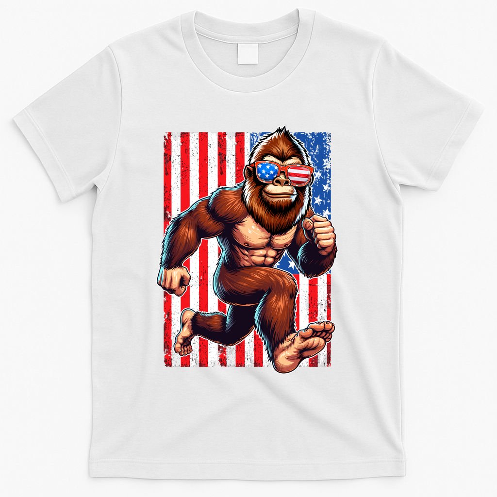 Usa Flag Bigfoot Running 4th Of July T-Shirt