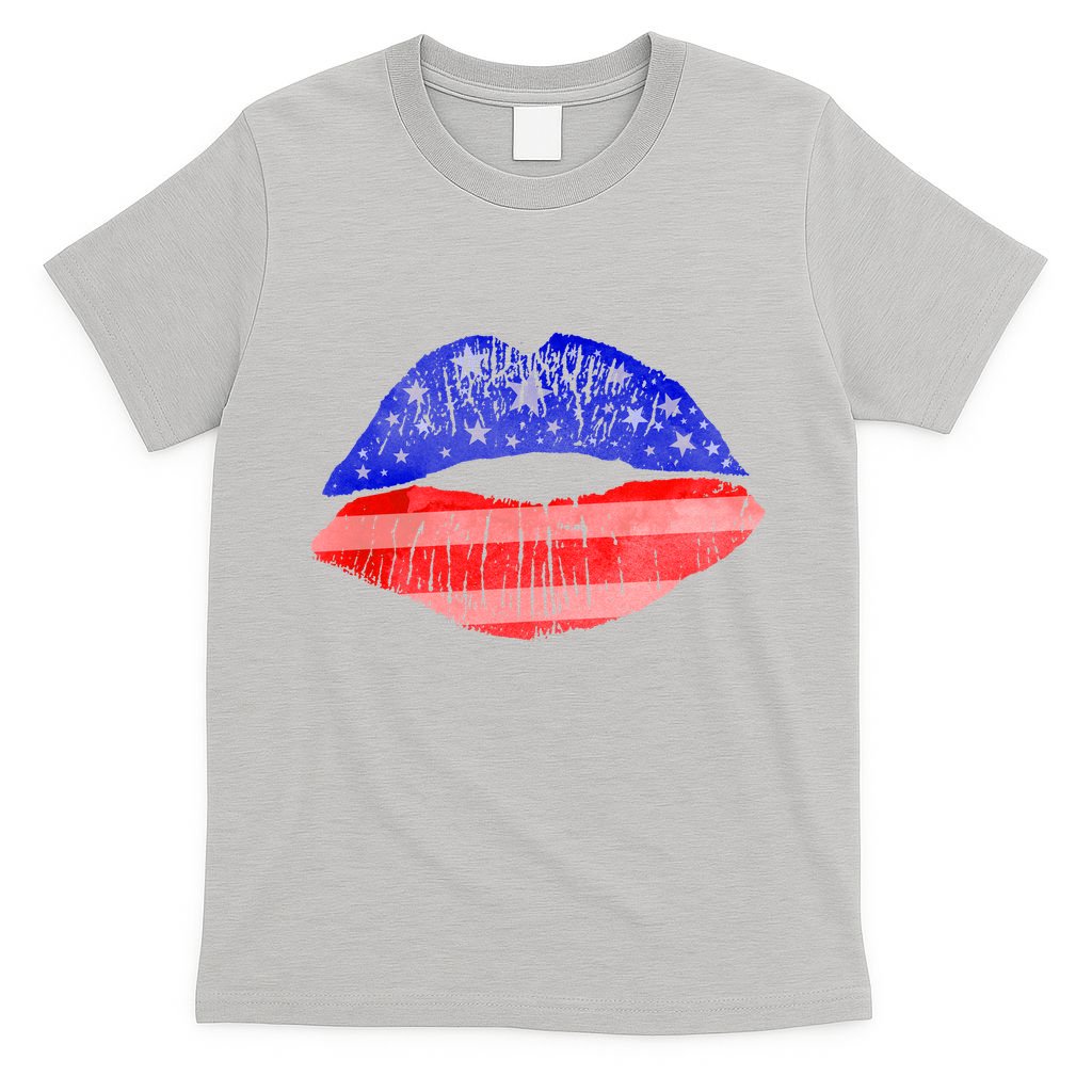 USA American Flag Lipstick Print T-Shirt