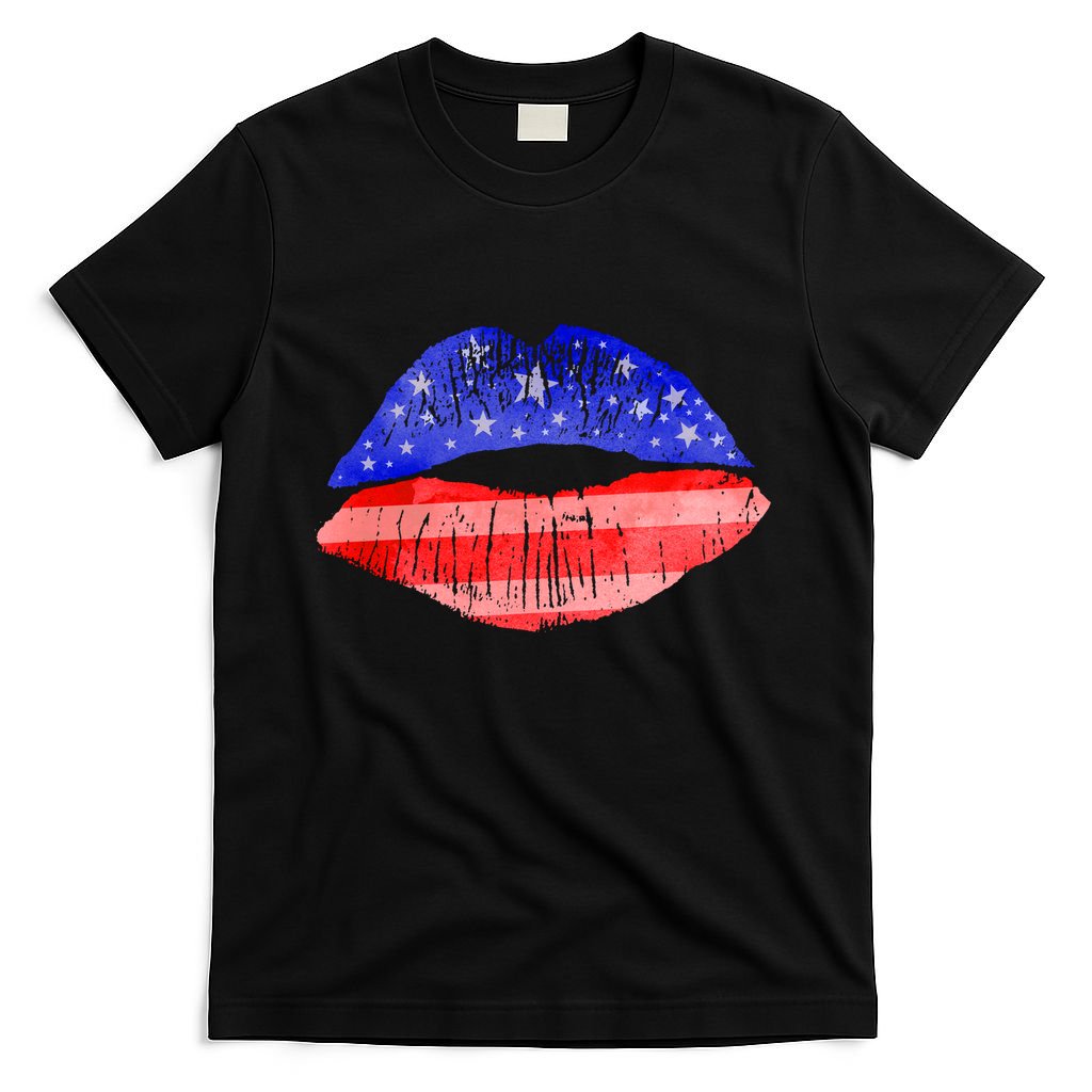 USA American Flag Lipstick Print T-Shirt