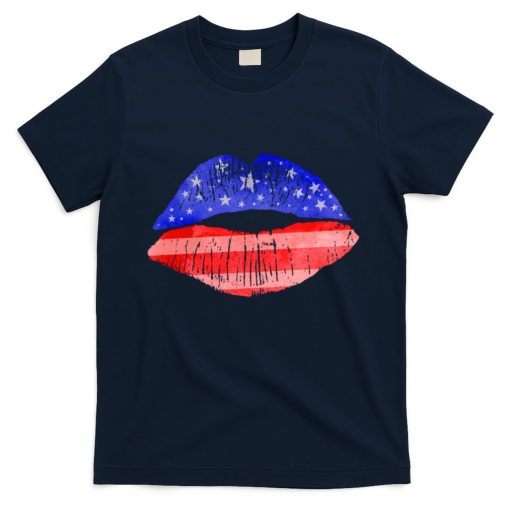 USA American Flag Lipstick Print T-Shirt