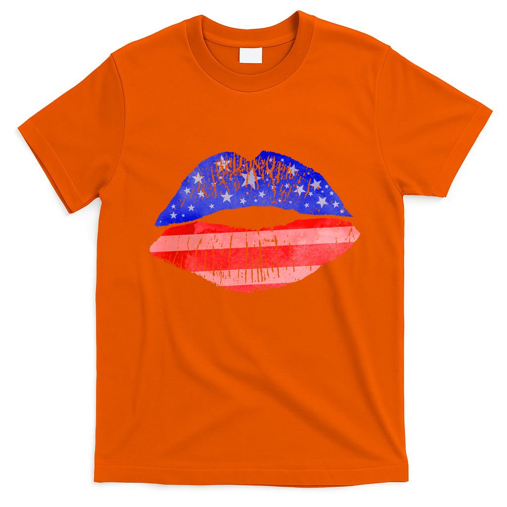 USA American Flag Lipstick Print T-Shirt