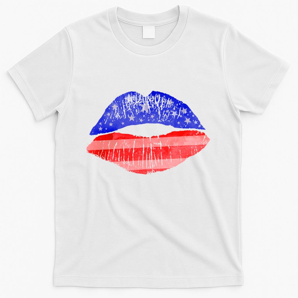 USA American Flag Lipstick Print T-Shirt