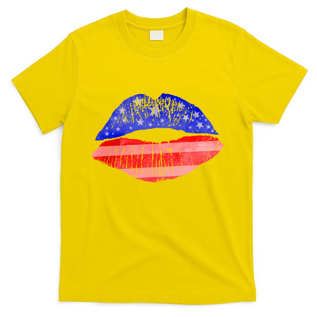 USA American Flag Lipstick Print T-Shirt