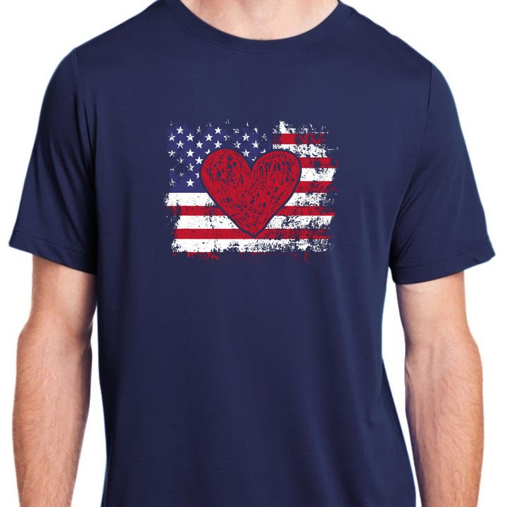 ValentineS Day American Flag Red Hearts Us Patriotic Love Adult ChromaSoft Performance T-Shirt