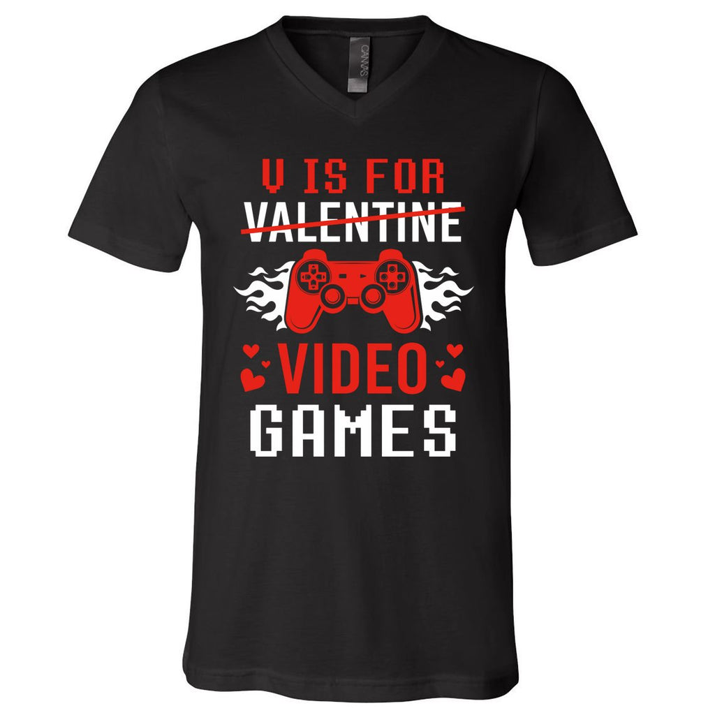 V Is For Video Games Lovers Funny Valentines Day V-Neck T-Shirt