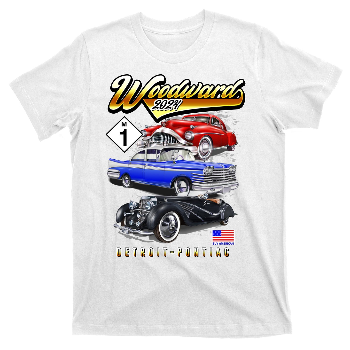 Woodward 2024 Classic Cruise Detroit To Pontiac Trio Of Cars T-Shirt