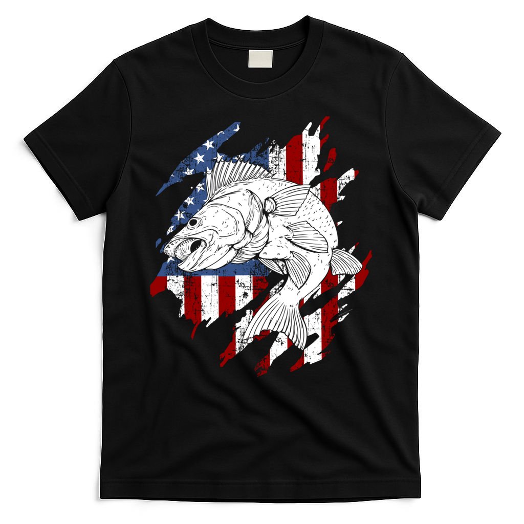 Walleye Fishing American Flag Usa Patriotic Fisherman Cool Gift T-Shirt