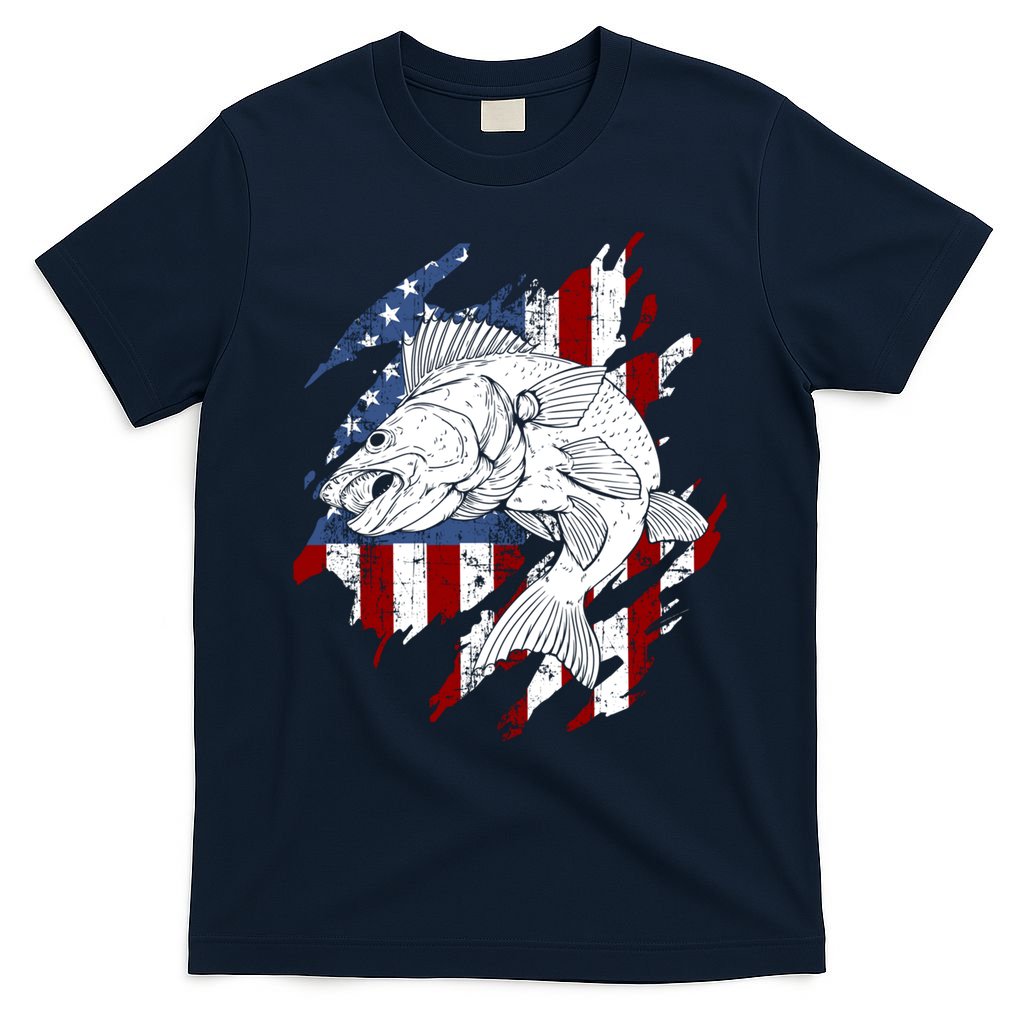 Walleye Fishing American Flag Usa Patriotic Fisherman Cool Gift T-Shirt