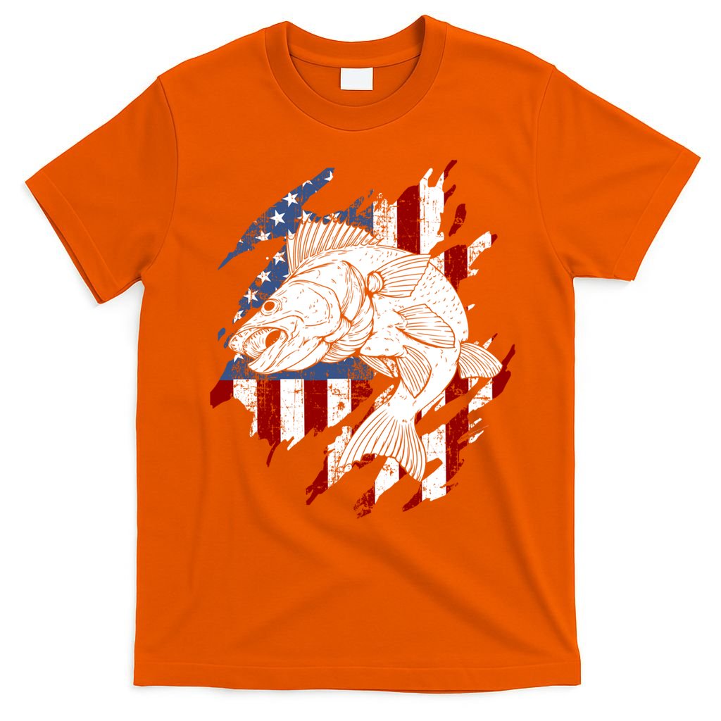 Walleye Fishing American Flag Usa Patriotic Fisherman Cool Gift T-Shirt
