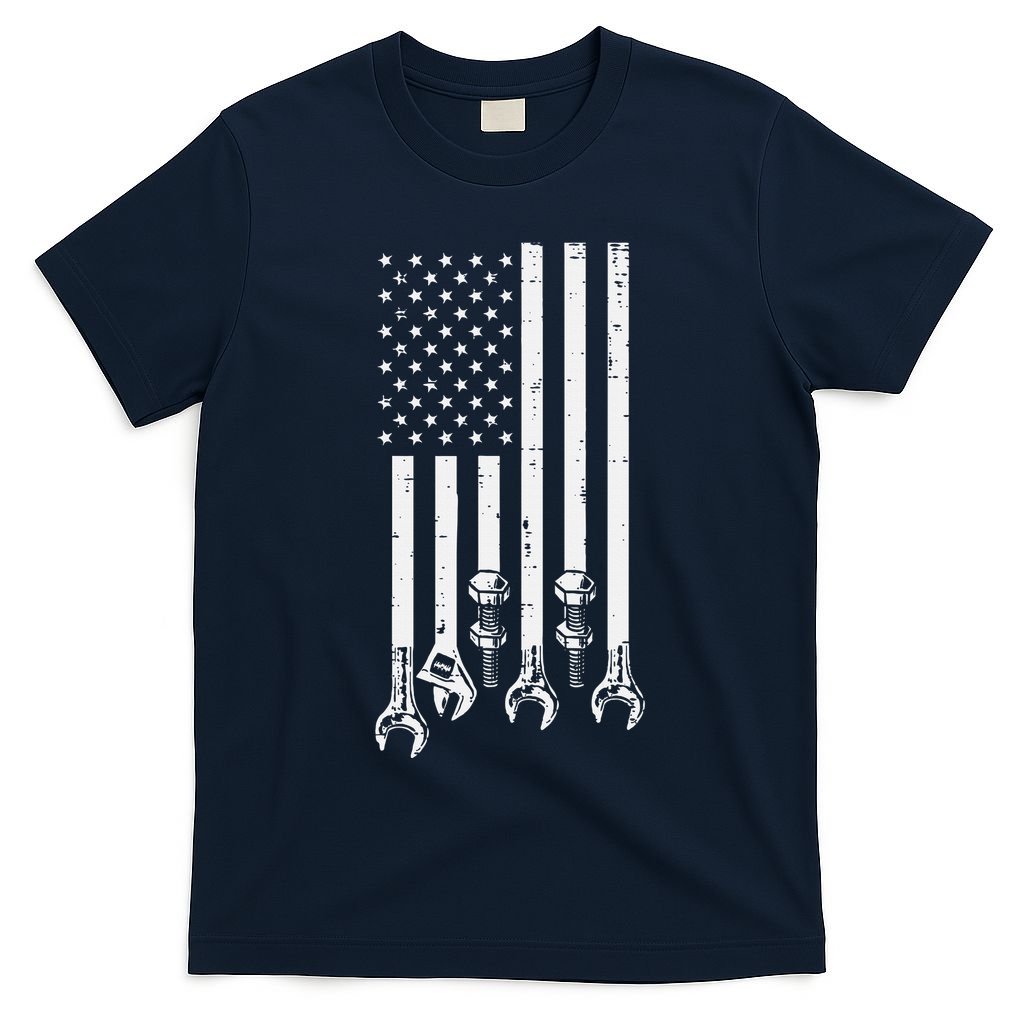 Wrench Usa American Flag Car Mechanic Garage Patriotic T-Shirt