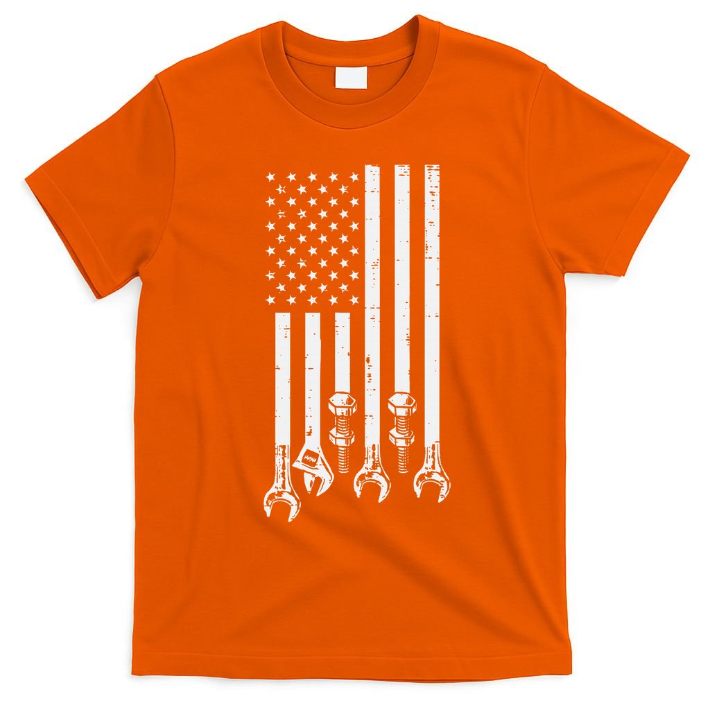Wrench Usa American Flag Car Mechanic Garage Patriotic T-Shirt